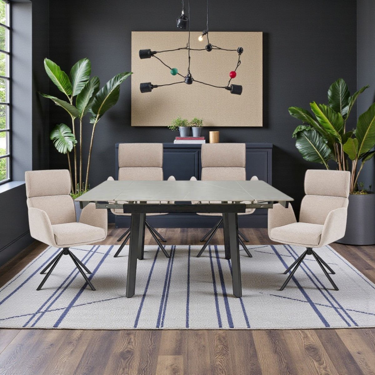 0.8m Grey Square Extending Ceramic Table & 4 x Biscuit High Back Swivel Chair Set - The Furniture Warehouse