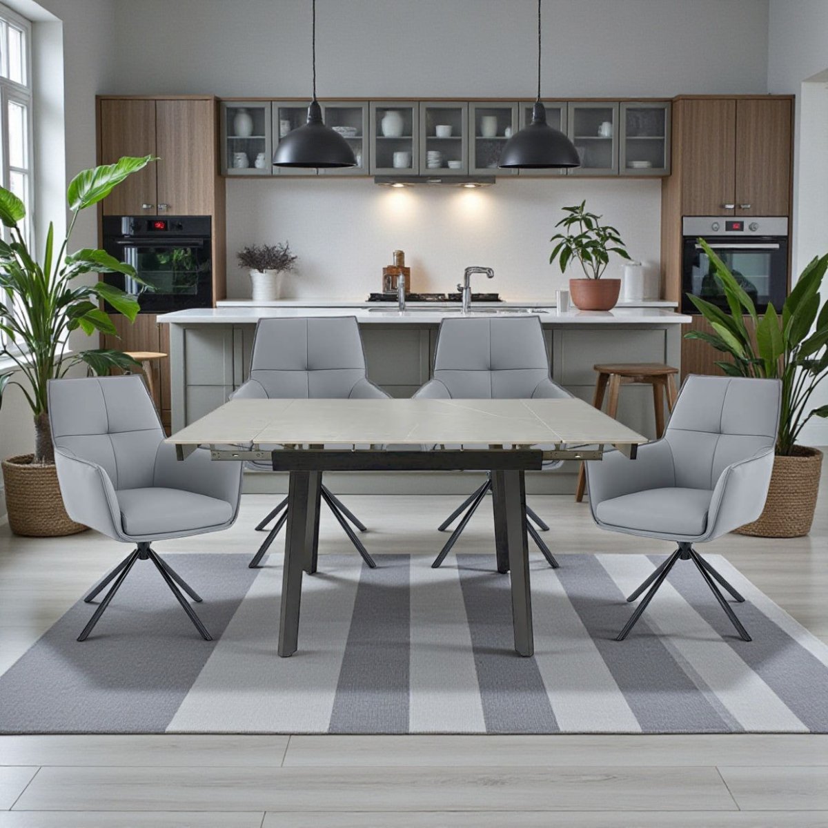 0.8m Grey Square Extending Ceramic Table & 4 x Dark Grey Luxe Cross Stitch Swivel Chair Set - The Furniture Warehouse