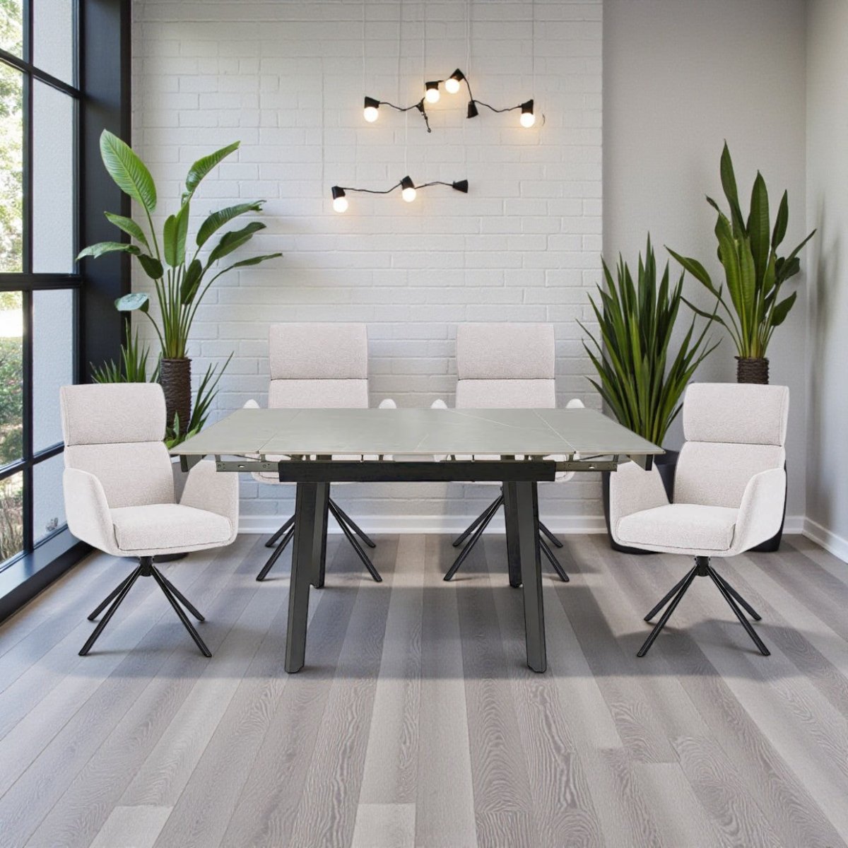 0.8m Grey Square Extending Ceramic Table & 4 x Grey High Back Swivel Chair Set - The Furniture Warehouse