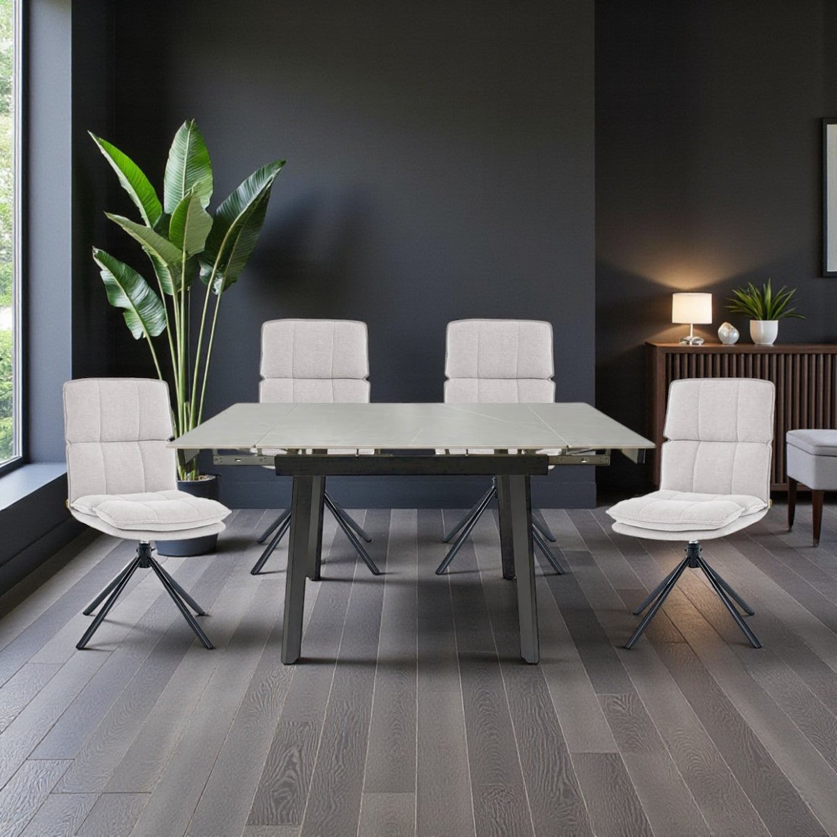 0.8m Grey Square Extending Ceramic Table & 4 x Grey Luxe Panel Stitch Swivel Chair Set - The Furniture Warehouse