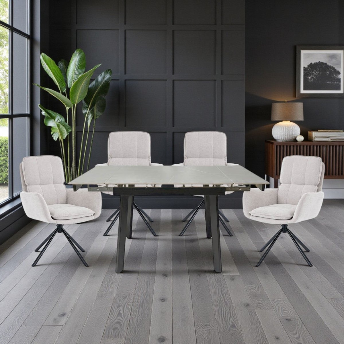 0.8m Grey Square Extending Ceramic Table & 4 x Grey Luxe Panel Stitch Swivel Chair Set - The Furniture Warehouse