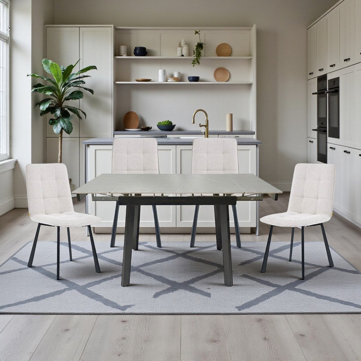 0.8m Grey Square Extending Ceramic Table & 4 x Grey Panel Stitch Chair Set - The Furniture Warehouse