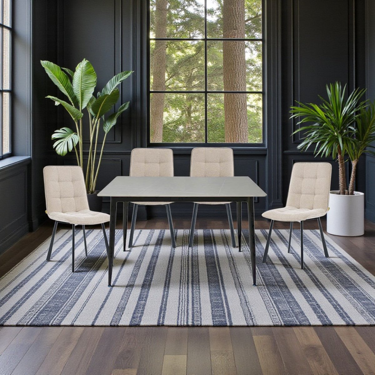 1.2m Grey Ceramic Table & 4 x Biscuit Panel Stitch Chair Set - The Furniture Warehouse