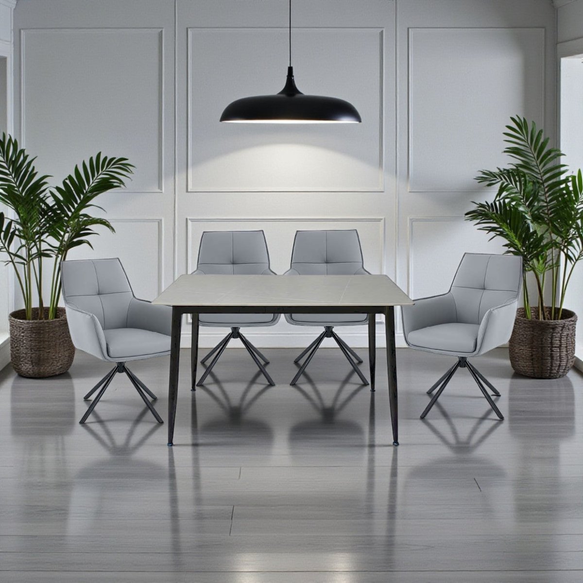 1.2m Grey Ceramic Table & 4 x Dark Grey Luxe Cross Stitch Swivel Chair Set - The Furniture Warehouse