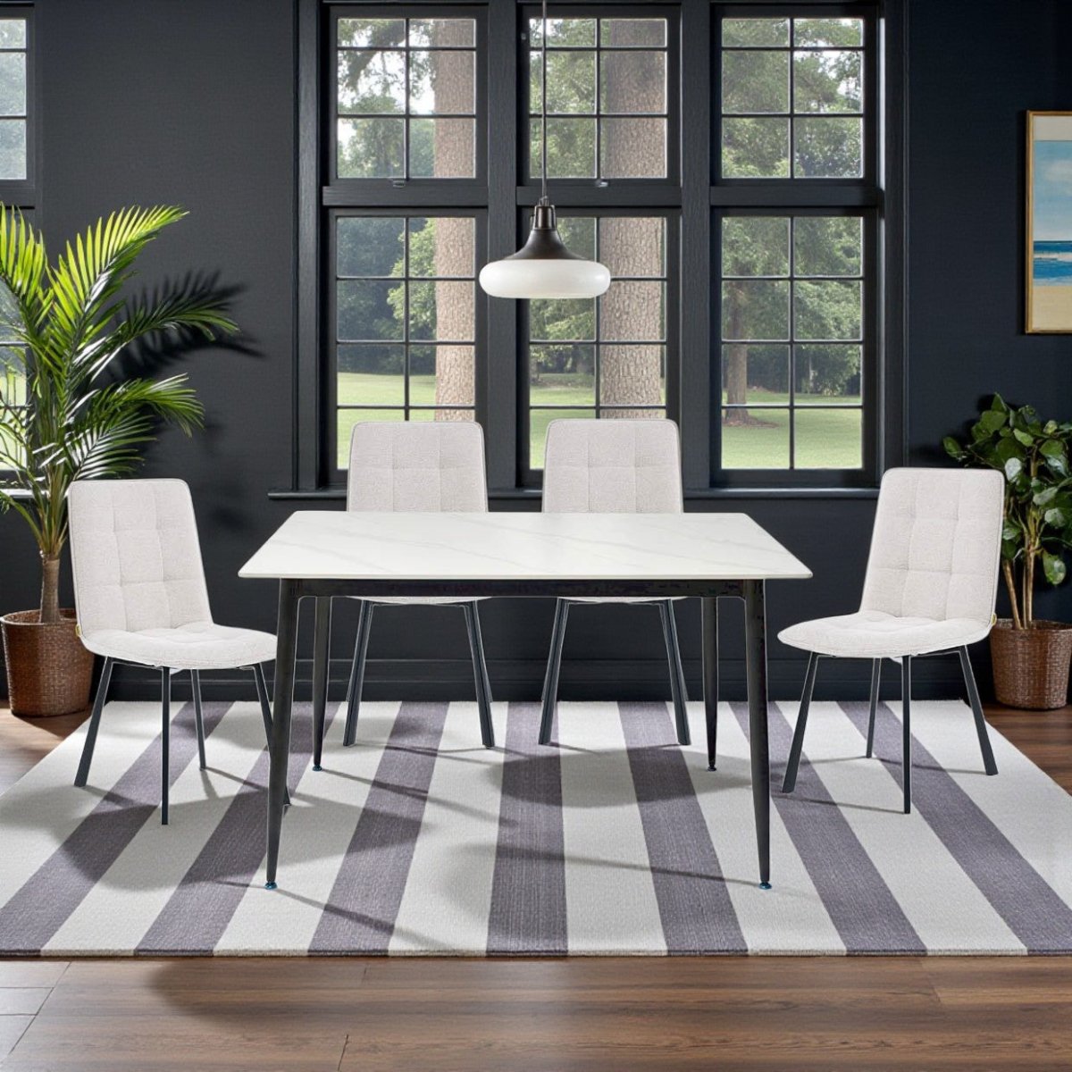 1.2m White Ceramic Table & 4 x Grey Panel Stitch Chair Set - The Furniture Warehouse