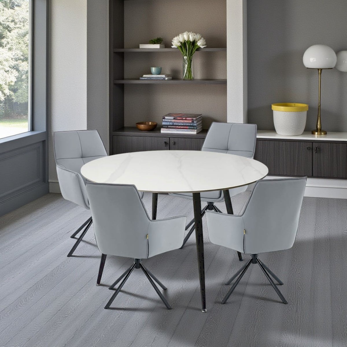 1.2m White Circular Ceramic Table & 4 x Dark Grey Luxe Cross Stitch Swivel Chair Set - The Furniture Warehouse