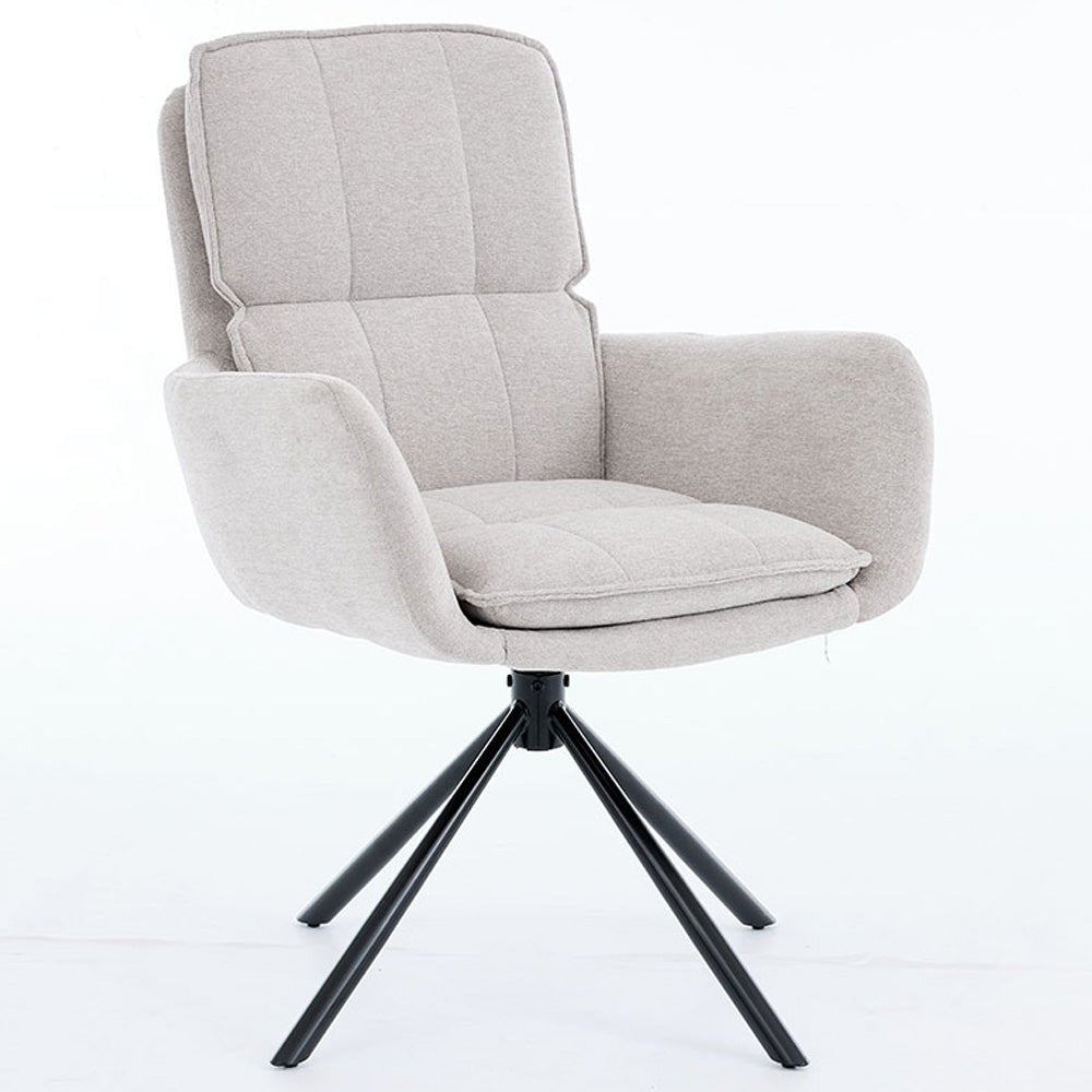 1.2m White Circular Ceramic Table & 4 x Grey Luxe Panel Stitch Swivel Chair Set - The Furniture Warehouse