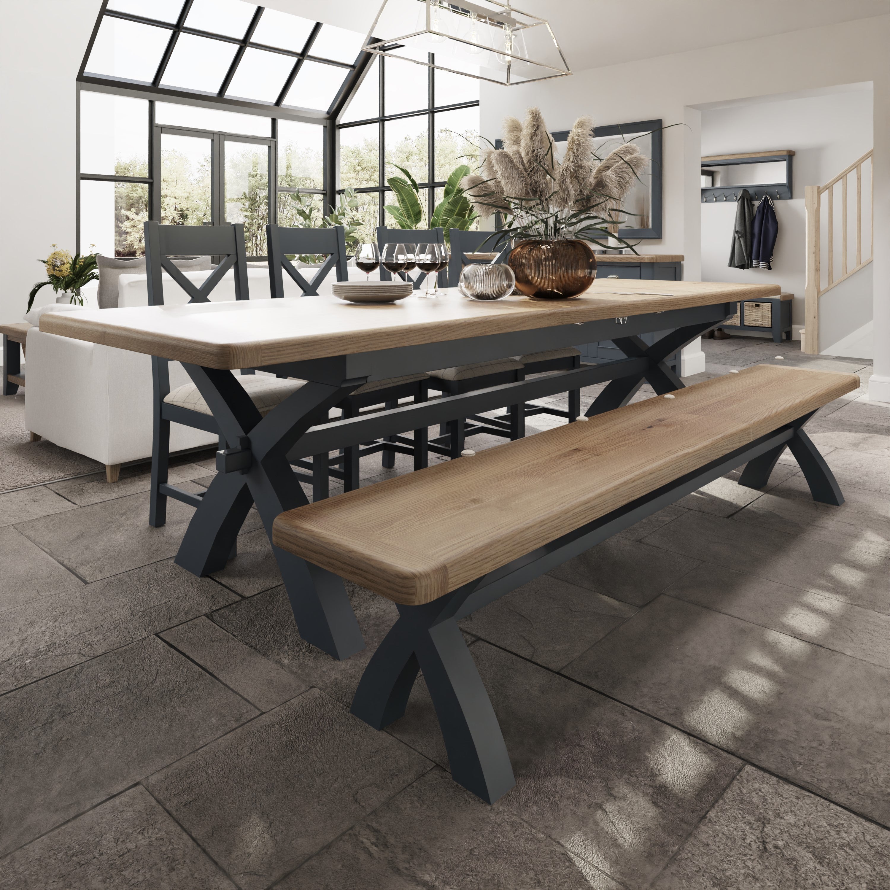 Wessex Smoked Oak Blue Painted 2.5m Cross Leg Extending Dining Table