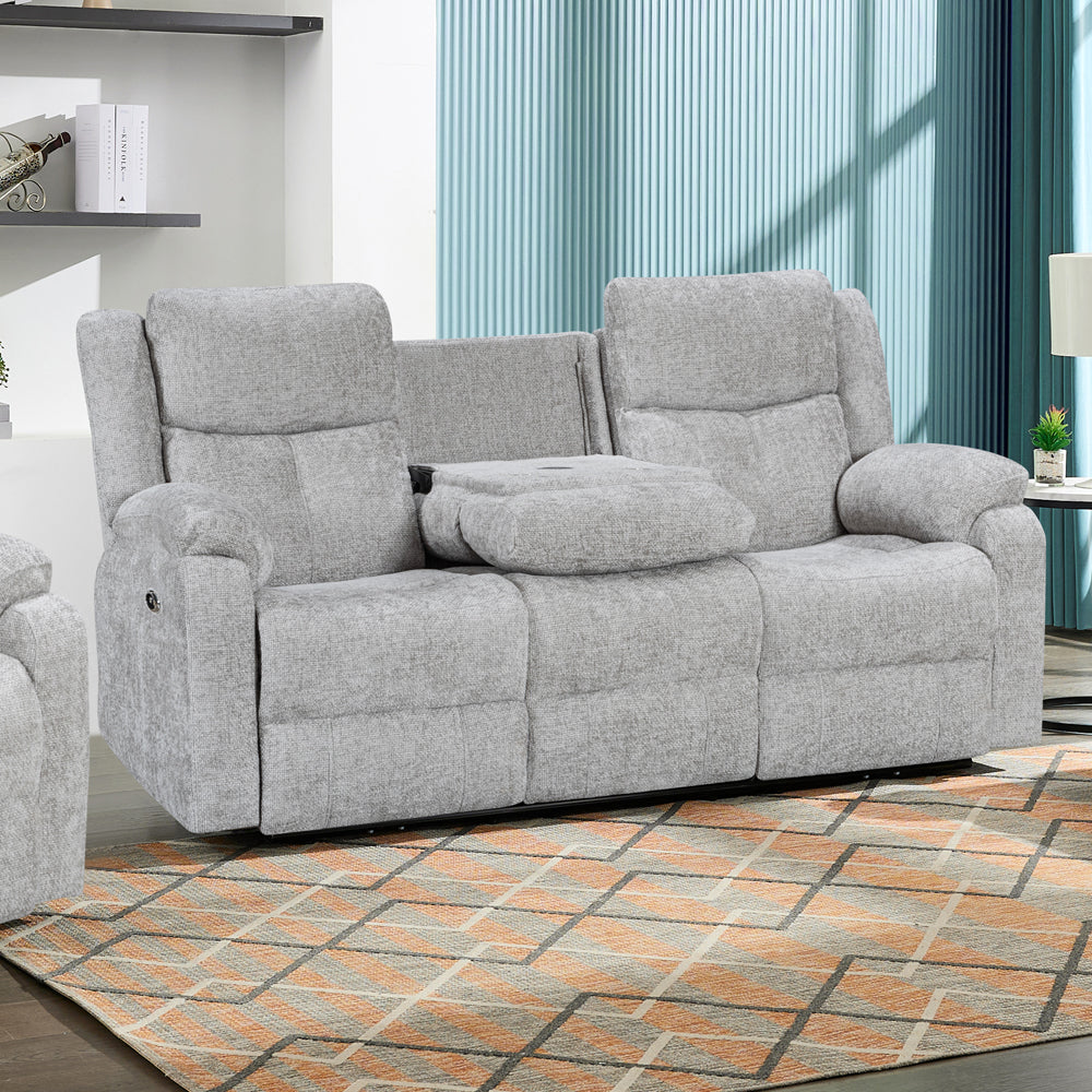 Lucca Silver Power Recliner 3 Seater Sofa with Console