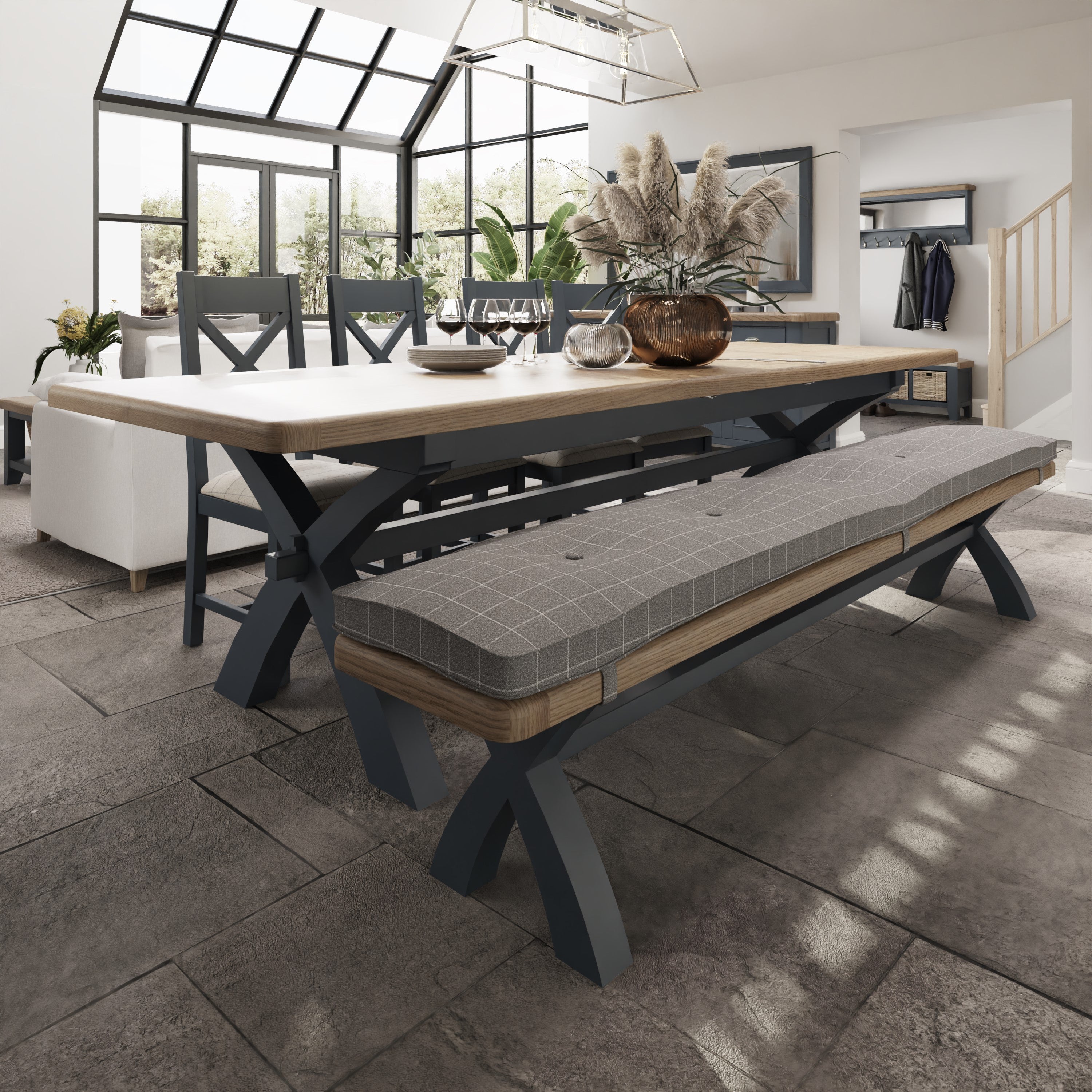 Wessex Smoked Oak Blue Painted 2.5m Cross Leg Extending Dining Table