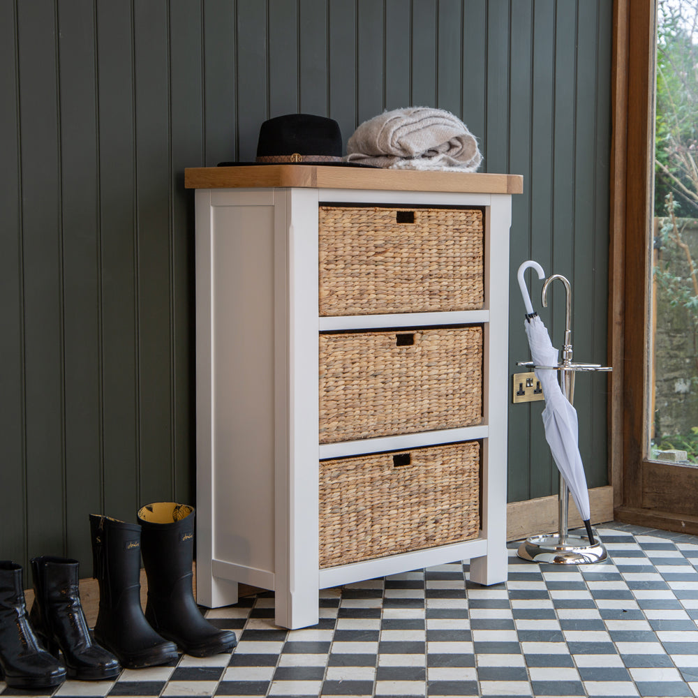 Dorset White Painted Oak Large Storage Chest with Wicker Baskets