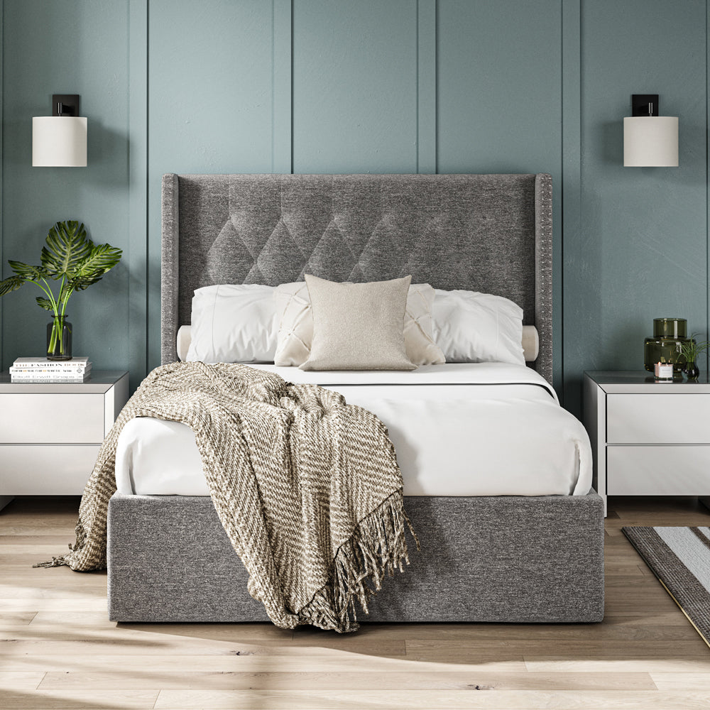 Lowick Grey Linen Double Upholstered Ottoman Bed Frame