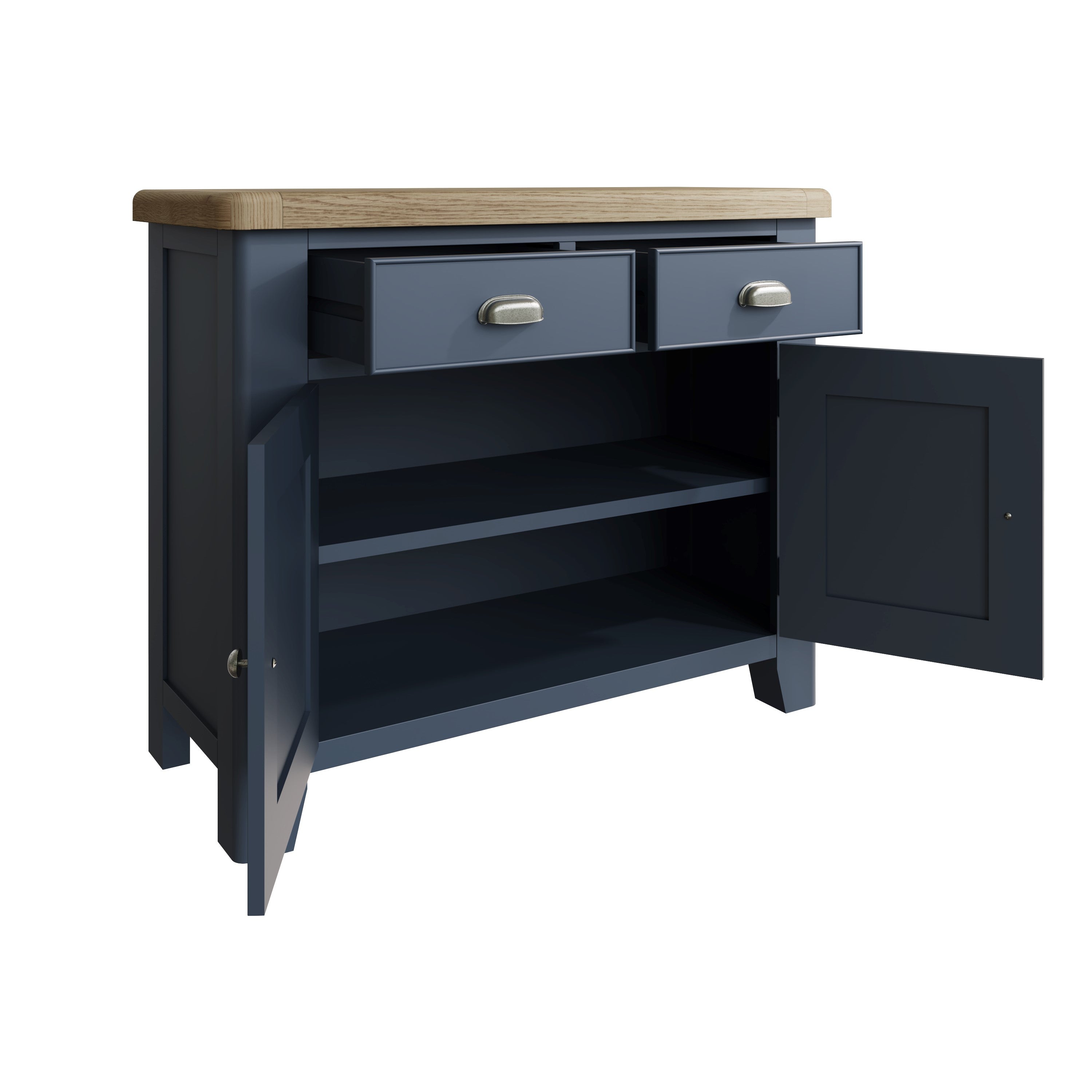 Wessex Smoked Oak Blue Painted Small 2 Drawer 2 Door Sideboard