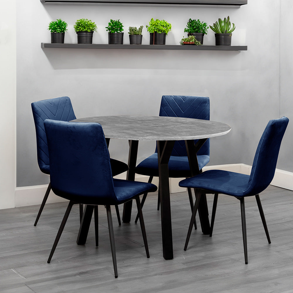 1.1m Concrete Round Table & 4 x CH66 Blue Chairs