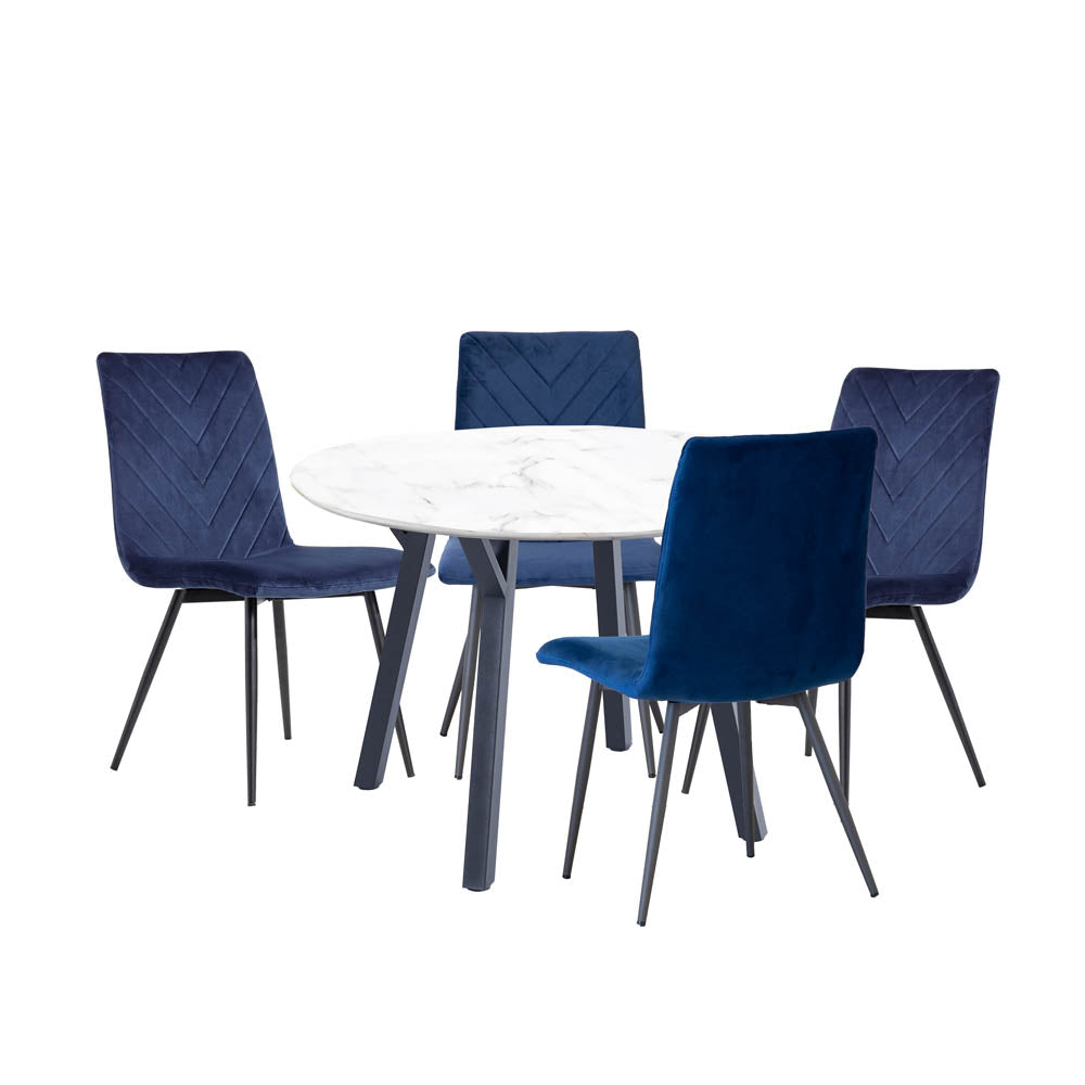 1.1m Marble Round Table & 4 x CH66 Blue Chairs