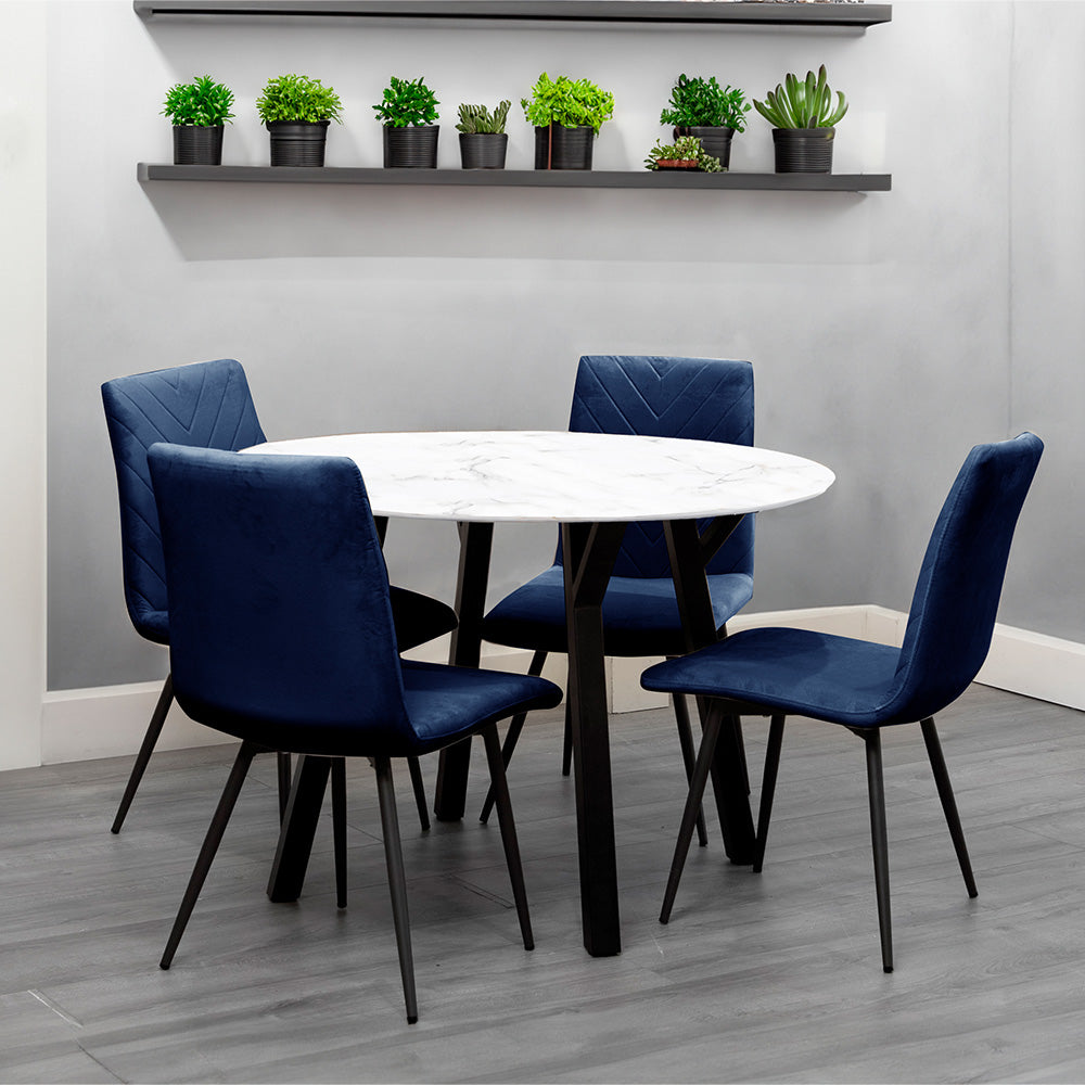 1.1m Marble Round Table & 4 x CH66 Blue Chairs