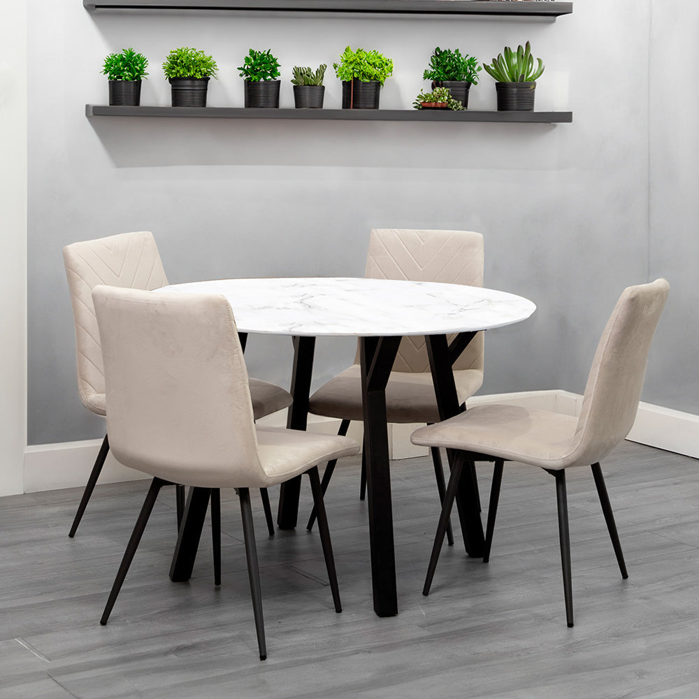 1.1m Marble Round Table & 4 x CH66 Taupe Chairs
