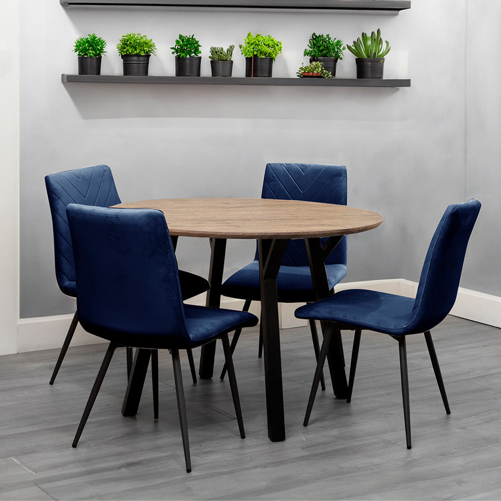 1.1m Oak Finish Round Table & 4 x CH66 Blue Chairs
