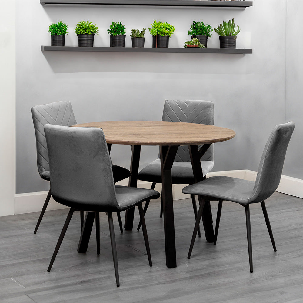 1.1m Oak Finish Round Table & 4 x CH66 Grey Chairs