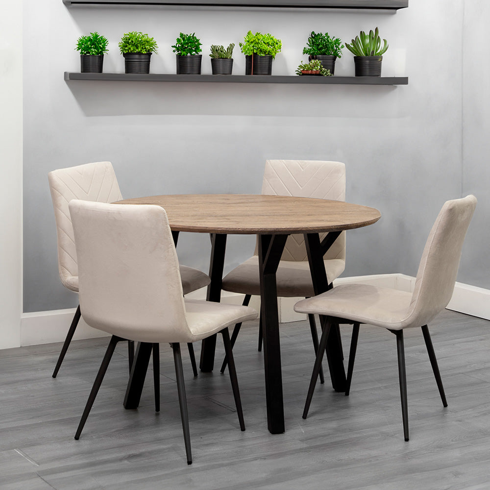 1.1m Oak Finish Round Table & 4 x CH66 Taupe Chair