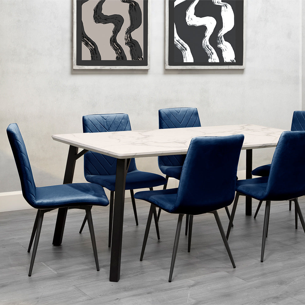 1.8m Marble Table & 6 x CH66 Blue Chairs