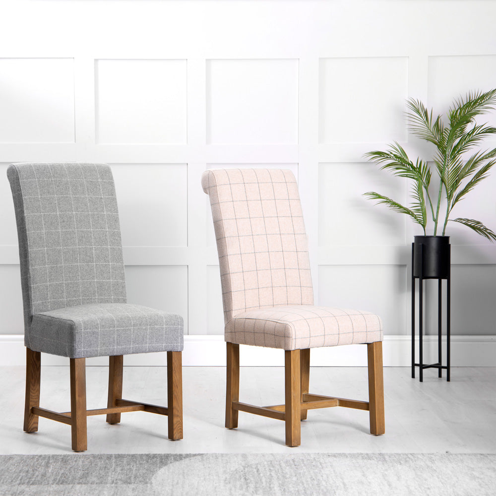 Scroll Back Dining Chair - Check Grey Wool