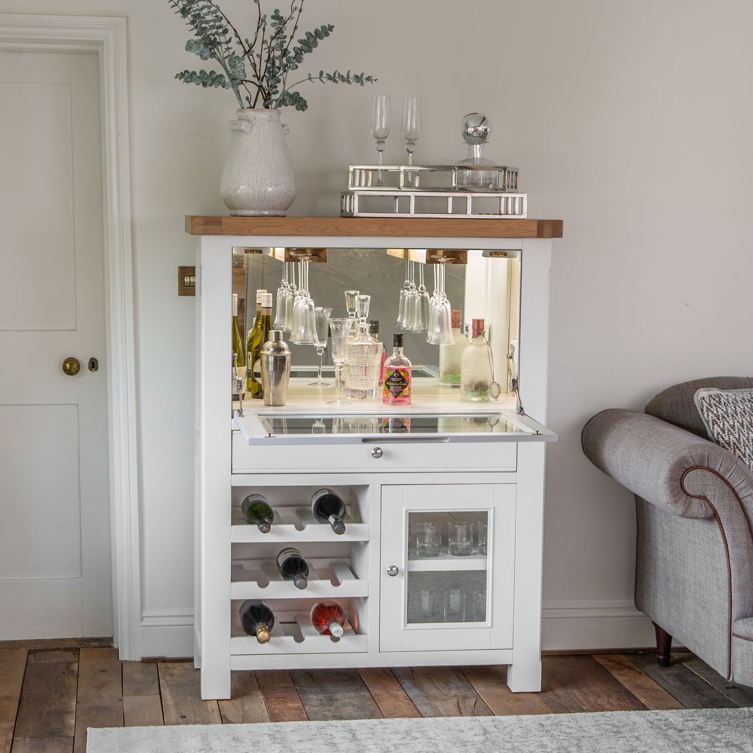 Dorset White Painted Oak Drinks Cabinet with Wine Rack