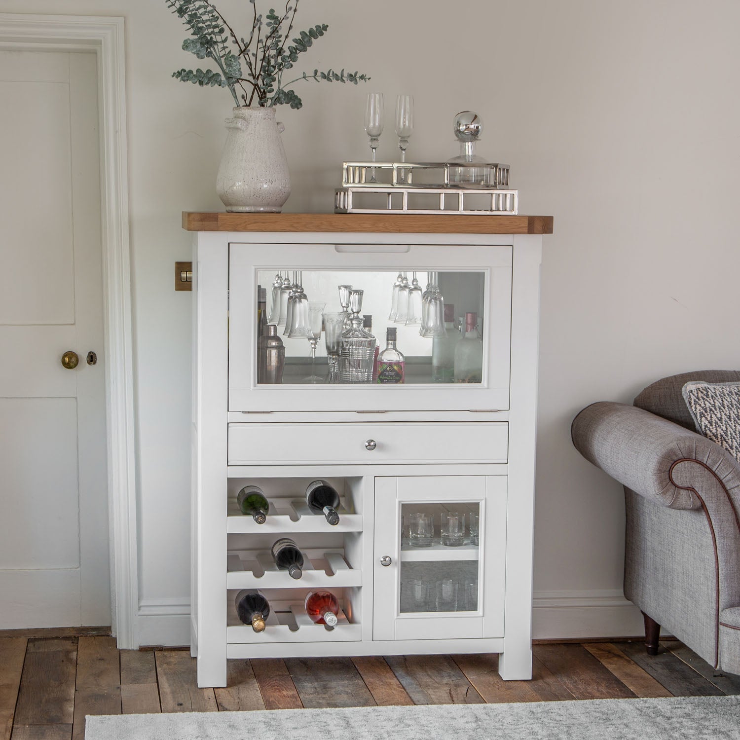 Dorset White Painted Oak Drinks Cabinet with Wine Rack