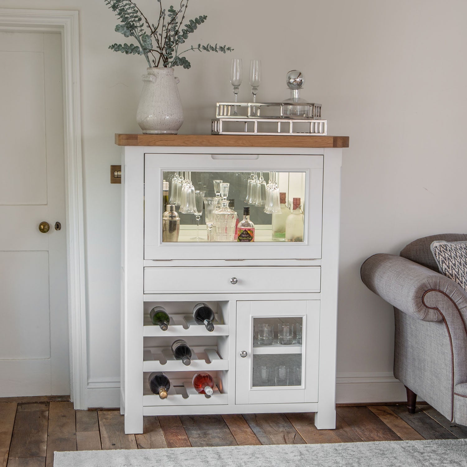 Dorset White Painted Oak Drinks Cabinet with Wine Rack