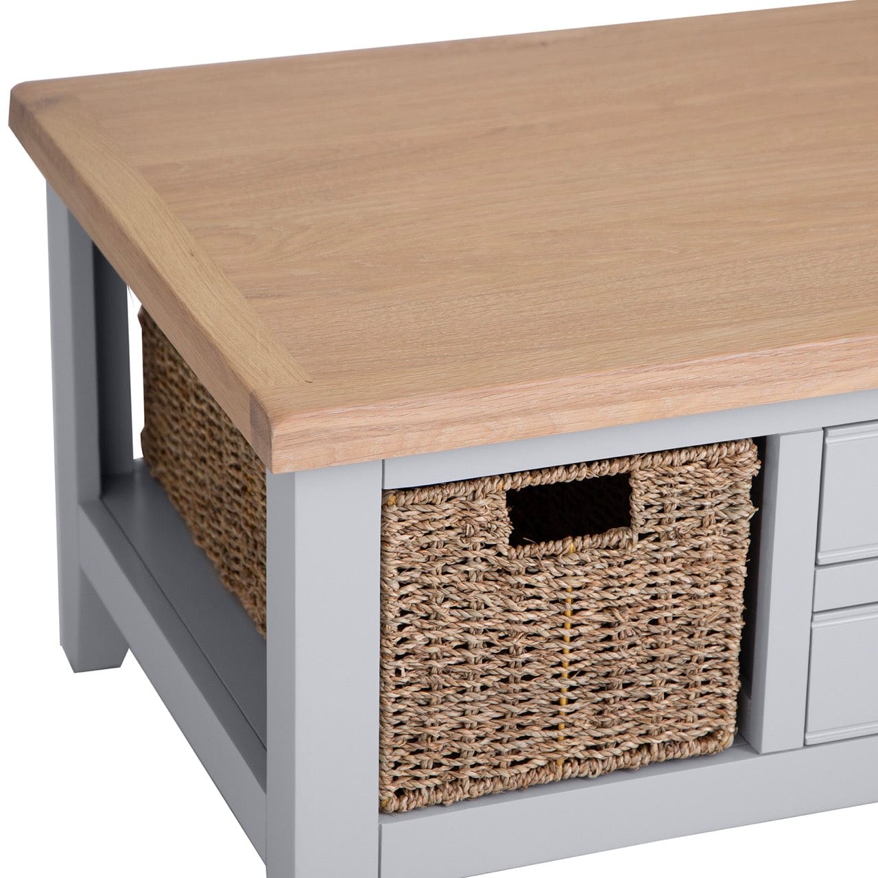 Eaton Grey Painted Oak Large Coffee Table with Wicker Baskets