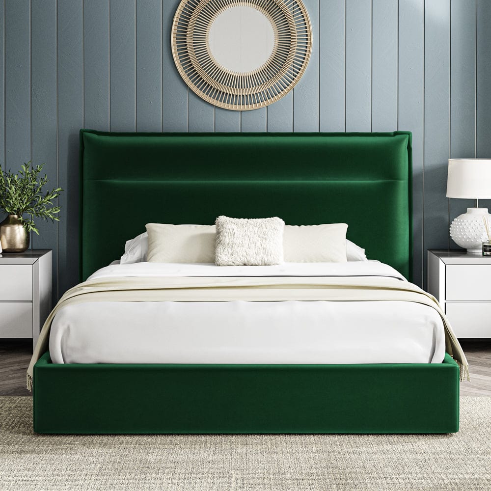 Kenmore Green Velvet King Size Upholstered Ottoman Bed Frame