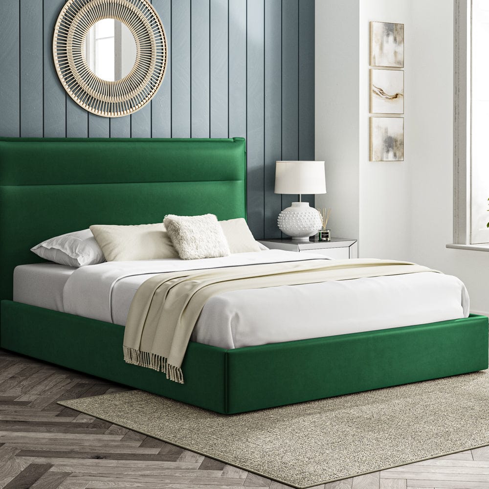Kenmore Green Velvet King Size Upholstered Ottoman Bed Frame