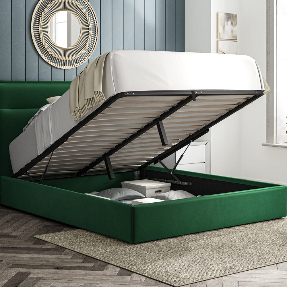 Kenmore Green Velvet King Size Upholstered Ottoman Bed Frame