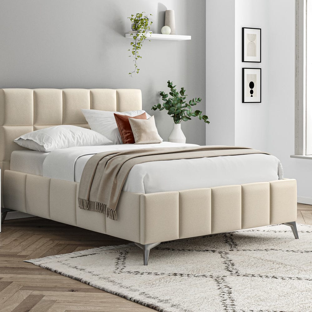 Baymore Beige Linen Double Upholstered Bed Frame