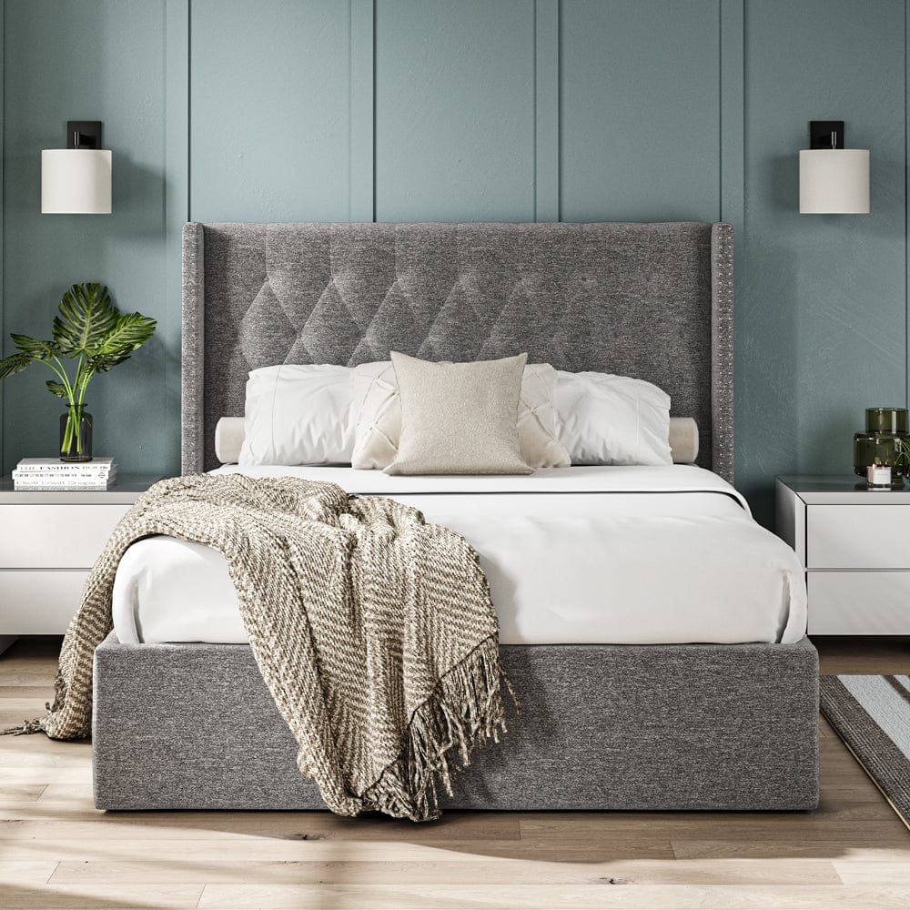 Lowick Dark Grey Linen King Size Upholstered Ottoman Bed Frame