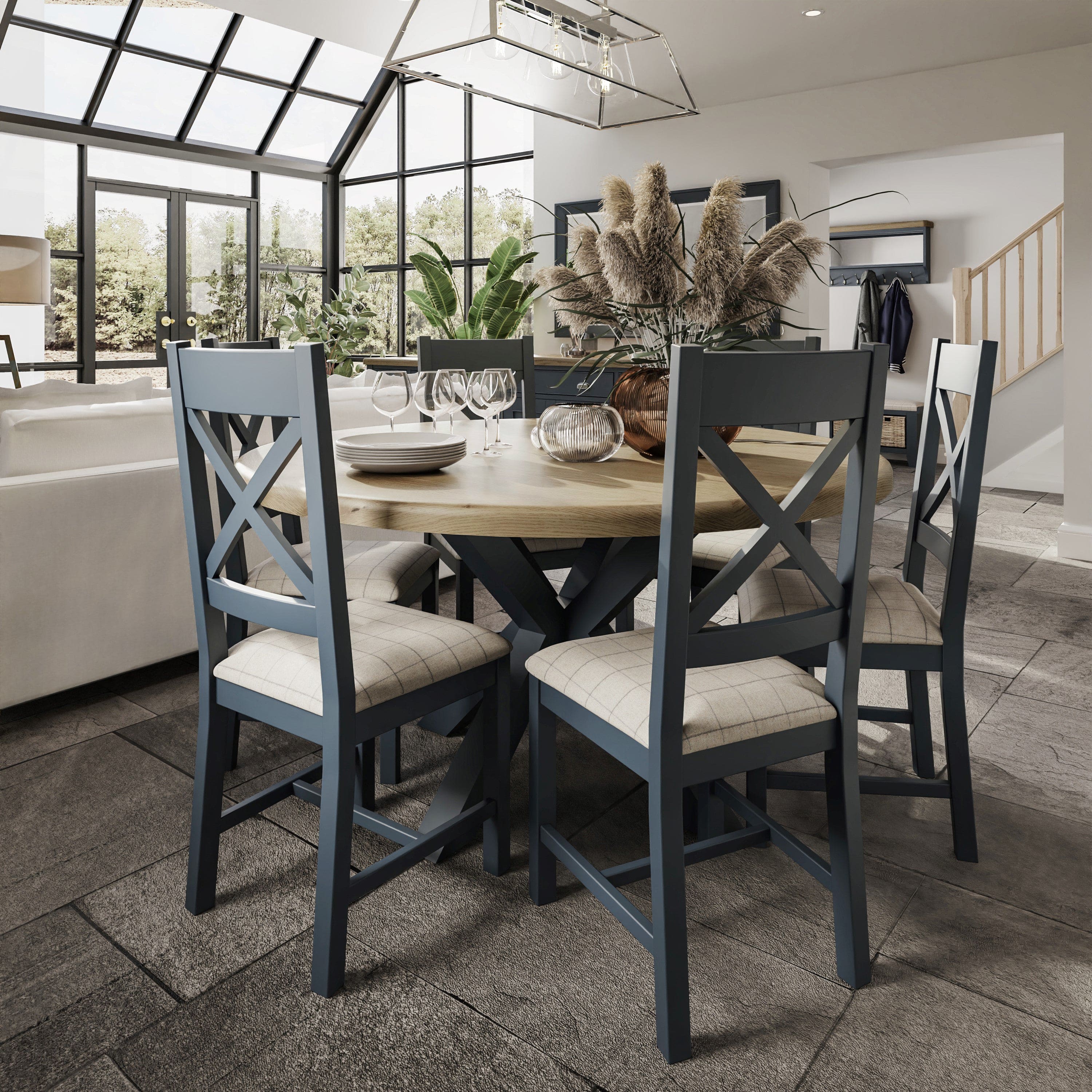 Wessex Smoked Oak Blue Painted Large Round Cross Leg Dining Table