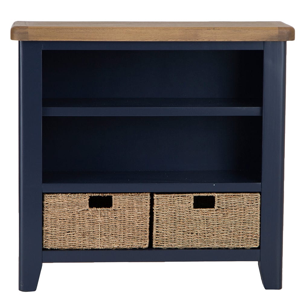 Wessex Smoked Oak Blue Painted Small Bookcase with Wicker Baskets