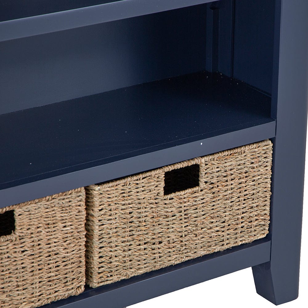 Wessex Smoked Oak Blue Painted Small Bookcase with Wicker Baskets