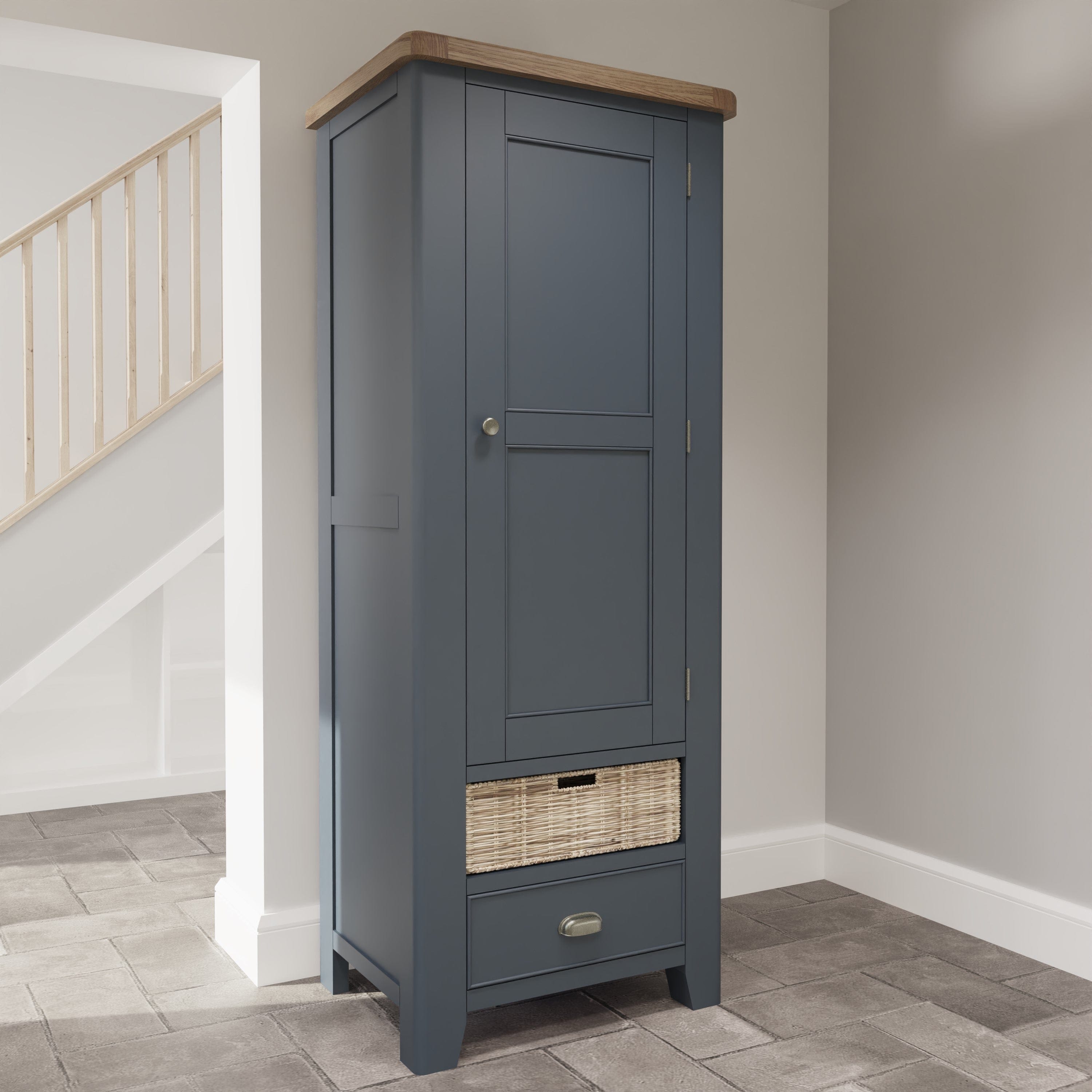 Wessex Smoked Oak Blue Painted Slim Larder Cupboard