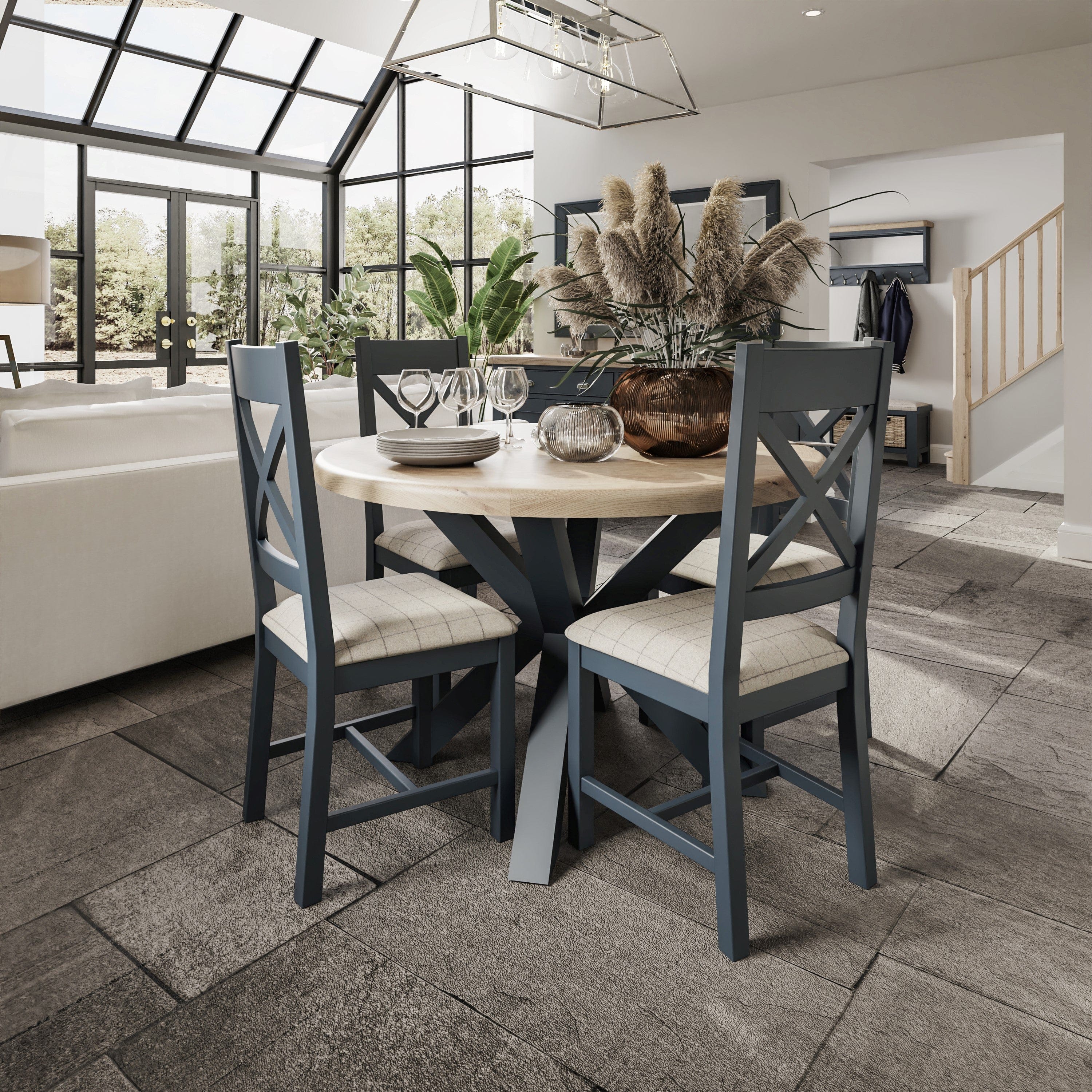 Wessex Smoked Oak Blue Painted Small Round Cross Leg Dining Table