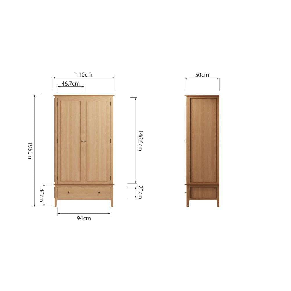 Bergen Oak Large 2 Door Wardrobe with Drawer