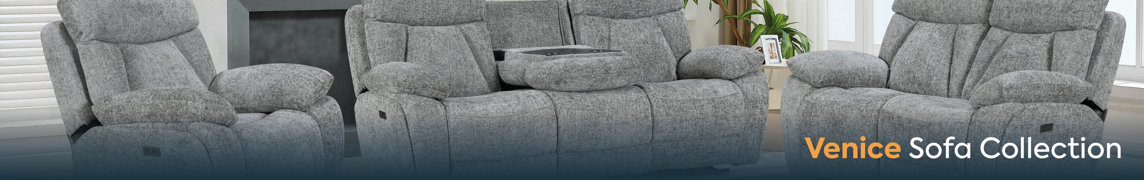 Gray sofa set with recliner chairs in a living room
