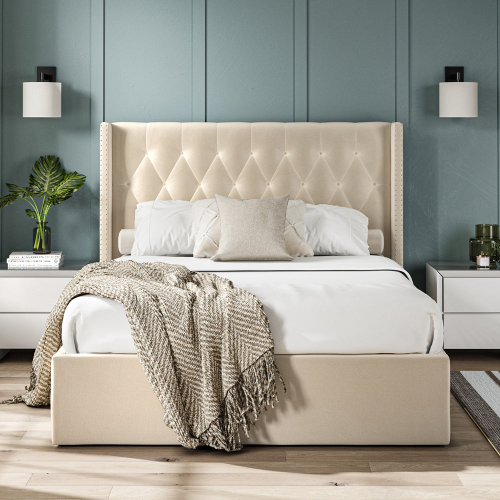 Lowick Beige Linen King Size Upholstered Ottoman Bed Frame