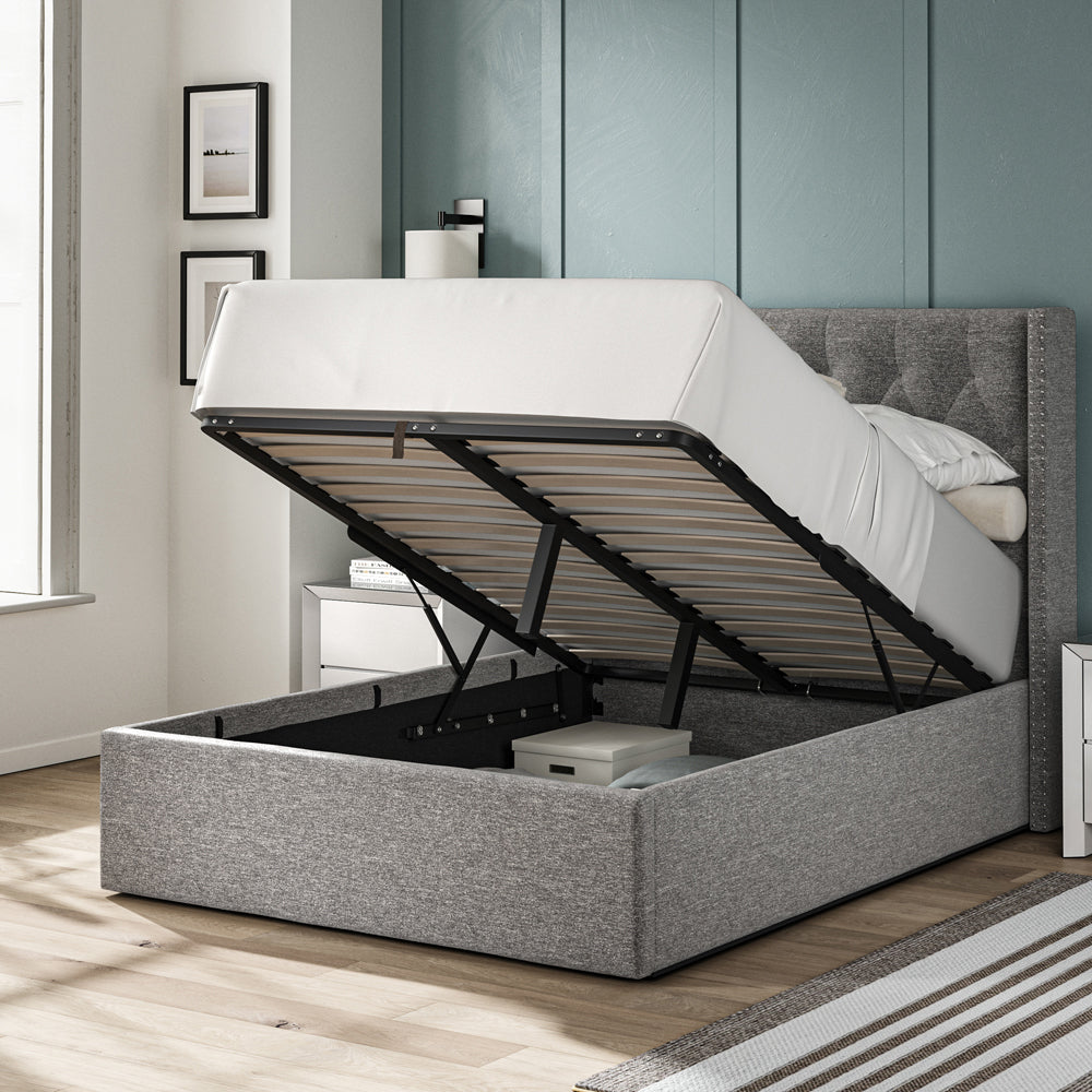 Lowick Grey Linen Double Upholstered Ottoman Bed Frame