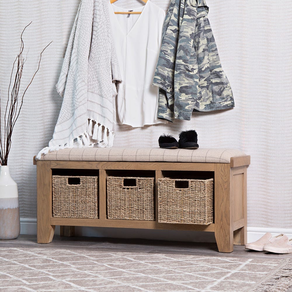 Wessex Smoked Oak Hall Bench with Wicker Baskets