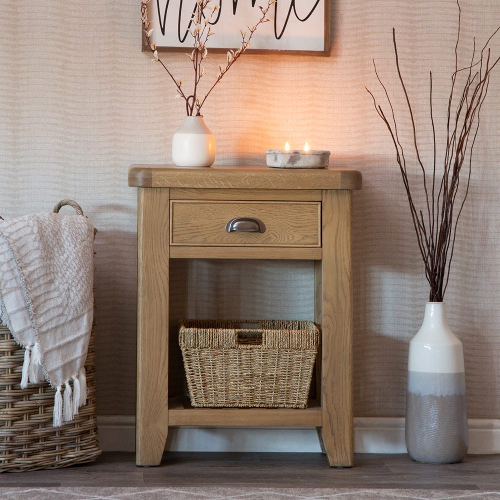 Wessex Smoked Oak Telephone Table with Wicker Basket
