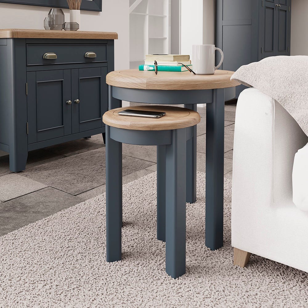 Wessex Smoked Oak Blue Painted Round Nest of Tables