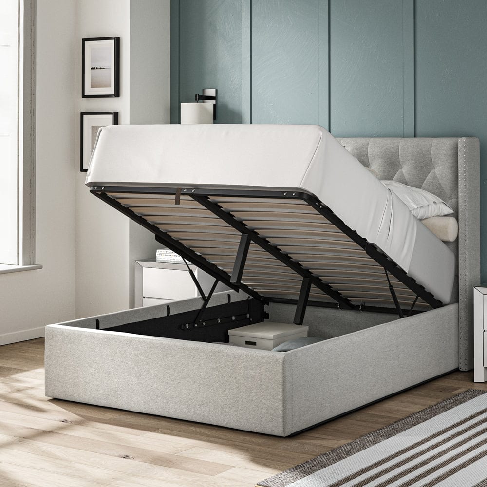 Lowick Grey Linen Double Upholstered Ottoman Bed Frame - The Furniture Warehouse