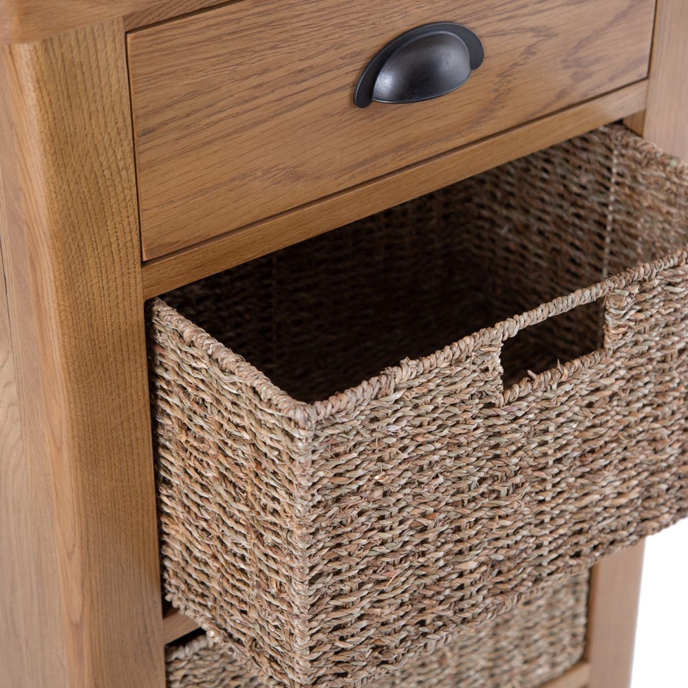 Rutland Oak 1 Drawer 3 Wicker Basket Cabinet