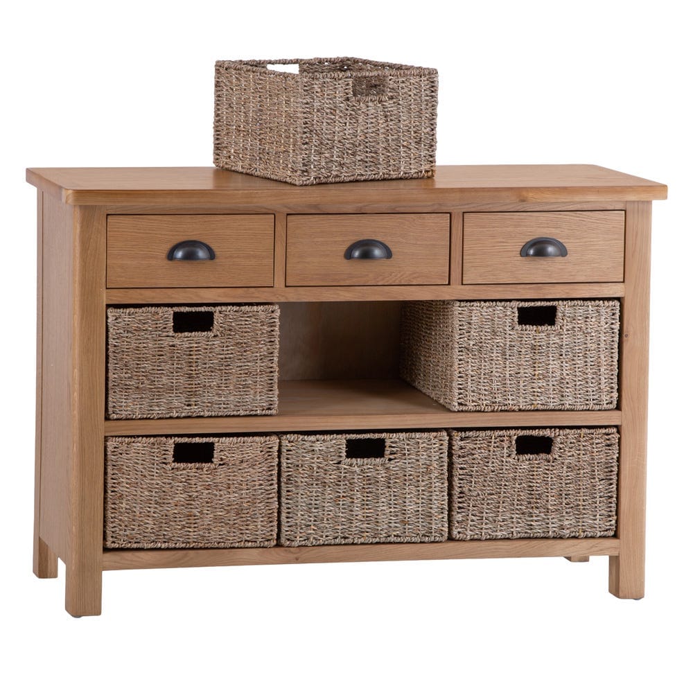 Rutland Oak 3 Drawer 6 Wicker Basket Cabinet
